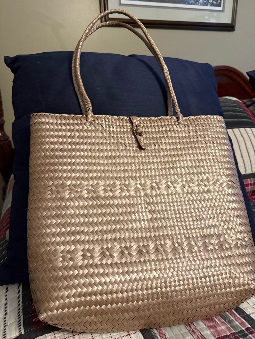 Woven Metallic Tan Tote Bag - Unbranded
